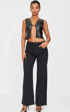 Black Faux Leather Cut Out Crop Top