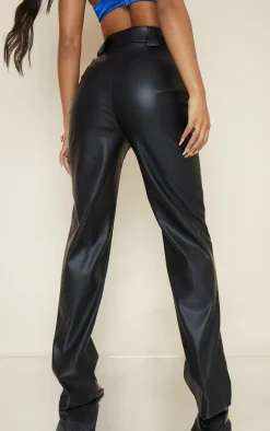 Black Faux Leather Dart Pocket Straight Leg Pants