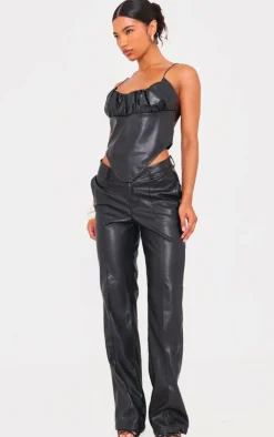 Black Faux Leather Dip Waist Flared Pants