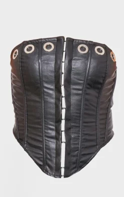 Black Faux Leather Eyelet Detail Boned Hook And Eye Corset