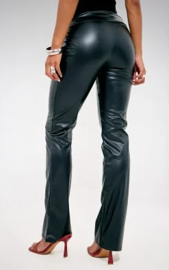Black Faux Leather Fold Over Waist Straight Leg Pant