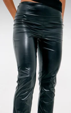 Black Faux Leather Fold Over Waist Straight Leg Pant
