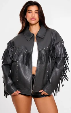 Black Faux Leather Fringe Detail Studded Oversized Jacket