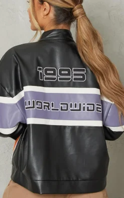 Black Faux Leather Graphic Front Racer Jacket