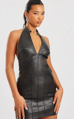 Black Faux Leather Halterneck Low Back Bodycon Dress