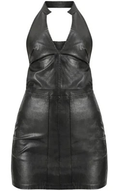 Black Faux Leather Halterneck Low Back Bodycon Dress