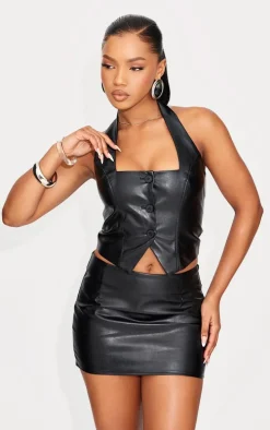Black Faux Leather Halterneck Vest