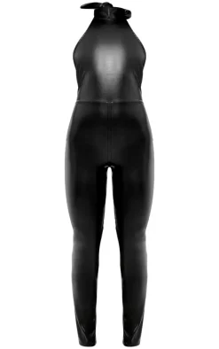 Black Faux Leather Halterneck Tie Back Straight Leg Jumpsuit
