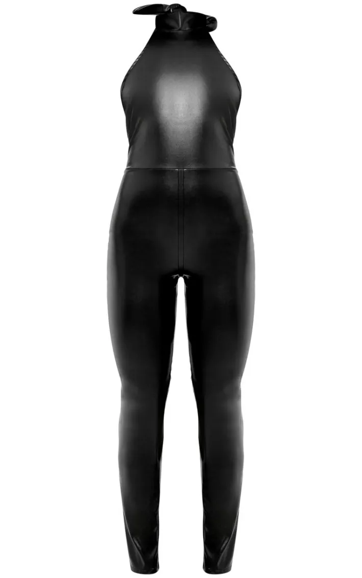 Black Faux Leather Halterneck Tie Back Straight Leg Jumpsuit
