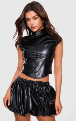 Black Faux Leather High Neck Top