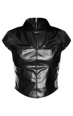 Black Faux Leather High Neck Top