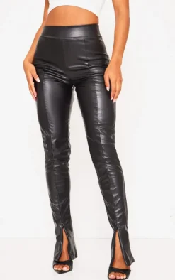 Black Faux Leather High Waisted Seam Detail Split Hem Pants