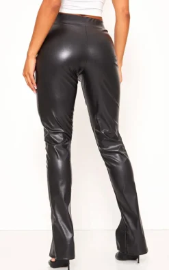 Black Faux Leather High Waisted Seam Detail Split Hem Pants