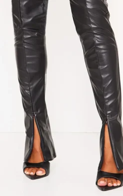 Black Faux Leather High Waisted Seam Detail Split Hem Pants
