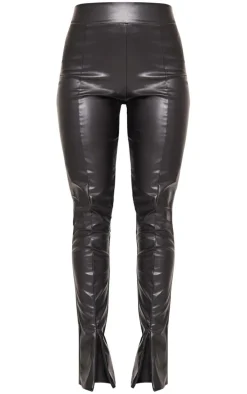 Black Faux Leather High Waisted Seam Detail Split Hem Pants