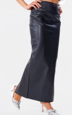 Black Faux Leather High Waist Split Hem Maxi Skirt