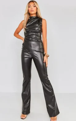 Black Faux Leather High Waisted Flared Pants