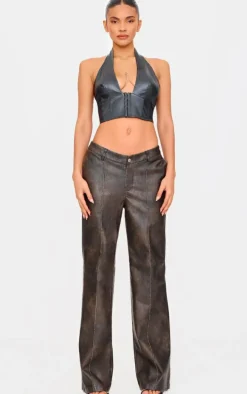 Black Faux Leather Hook & Eye Plunge Crop Top