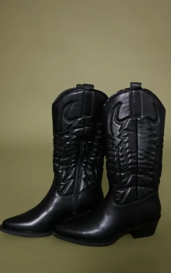 Black Faux Leather Knee High Western Boots