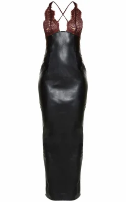 Black Faux Leather Lace Bust Low Back Maxi Dress
