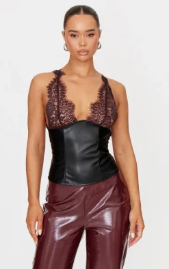 Black Faux Leather Lace Bust Detail Long Top