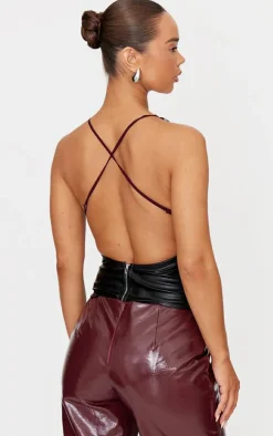 Black Faux Leather Lace Bust Detail Long Top