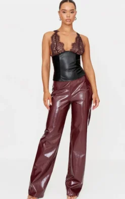 Black Faux Leather Lace Bust Detail Long Top