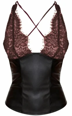Black Faux Leather Lace Bust Detail Long Top