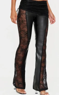 Black Faux Leather Lace Ruched Waist Flared Pants