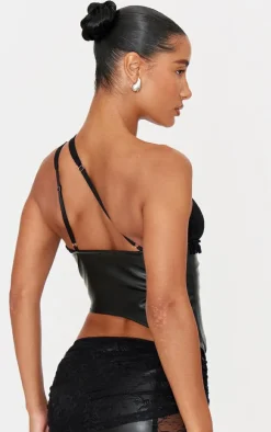 Black Faux Leather Lace Trim Tie Up V Neck Top