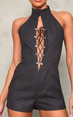 Black Faux Leather Lace Up Halterneck Romper