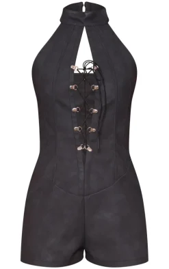 Black Faux Leather Lace Up Halterneck Romper