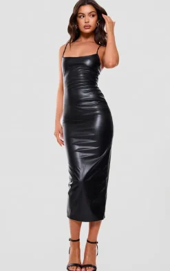 Black Faux Leather Lace Up Back Midi Dress