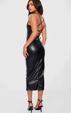 Black Faux Leather Lace Up Back Midi Dress