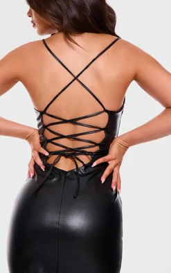 Black Faux Leather Lace Up Back Midi Dress
