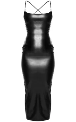 Black Faux Leather Lace Up Back Midi Dress