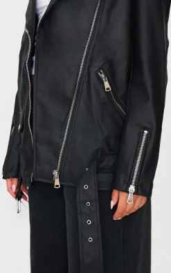 Black Faux Leather Longline Belted Biker Jacket