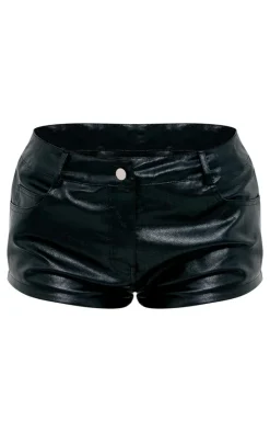 Black Faux Leather Low Rise Hot Pants