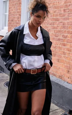 Black Faux Leather Low Rise Belted Mini Skirt