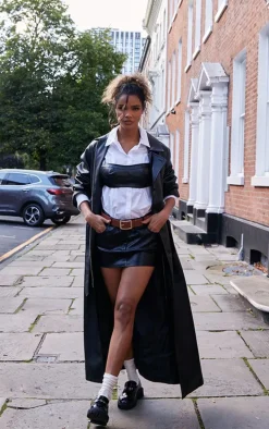 Black Faux Leather Low Rise Belted Mini Skirt