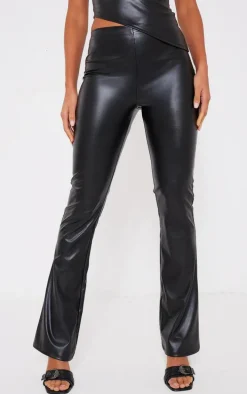 Black Faux Leather Mid Rise Pin Tuck Straight Leg Pants