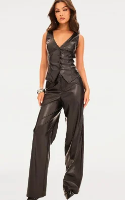Black Faux Leather Mid Rise Wide Leg Pants