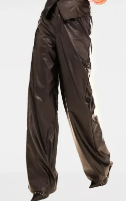 Black Faux Leather Mid Rise Wide Leg Pants