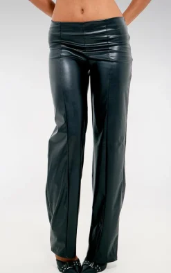 Black Faux Leather Mid Rise Straight Leg Pants