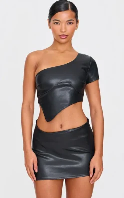 Black Faux Leather One Shoulder Asymmetric Crop Top