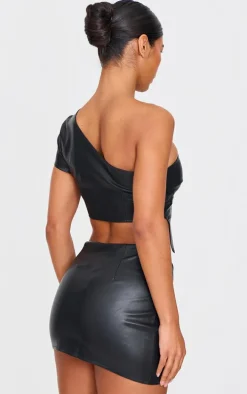 Black Faux Leather One Shoulder Asymmetric Crop Top
