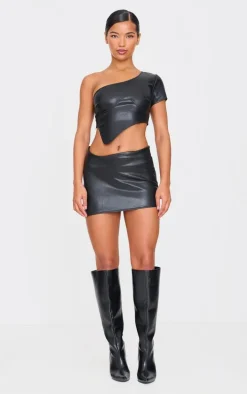Black Faux Leather One Shoulder Asymmetric Crop Top