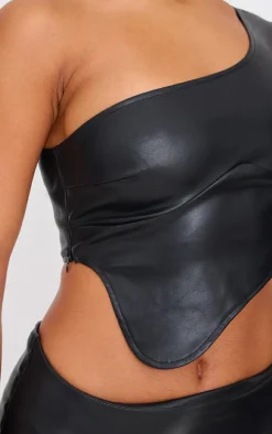 Black Faux Leather One Shoulder Asymmetric Crop Top