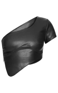Black Faux Leather One Shoulder Asymmetric Crop Top