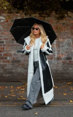 Black Faux Leather Oversized Lapel Borg Lined Belted Coat